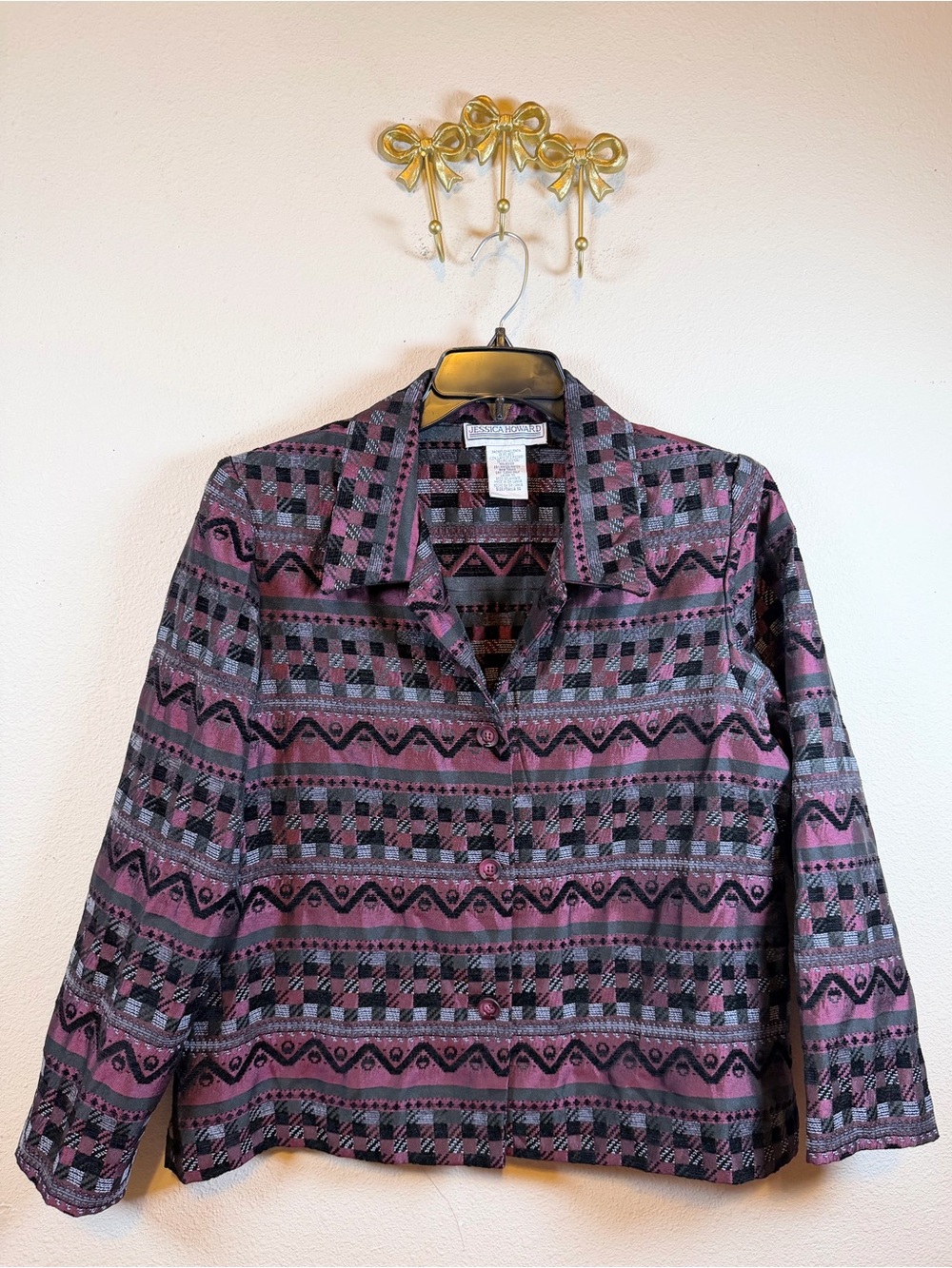 Jessica Howard Burgundy , Black, and Gray Geometric Button-Front Blazer. Size 14